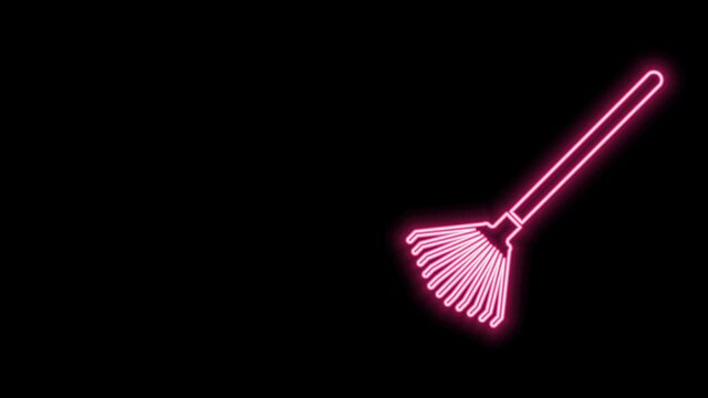 Glowing neon line Garden rake for leaves icon isolated on black background. Tool for horticulture, agriculture, farming. Ground cultivator. 4K Video motion graphic animation