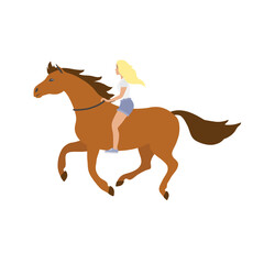 Vector flat cartoon blond girl woman riding free brown horse isolated on white background
