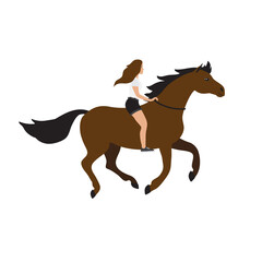 Vector flat cartoon girl woman riding free horse isolated on white background