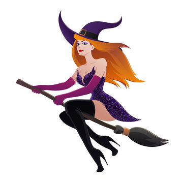 Redhead sexy witch on a broomstick cut out on white background.
