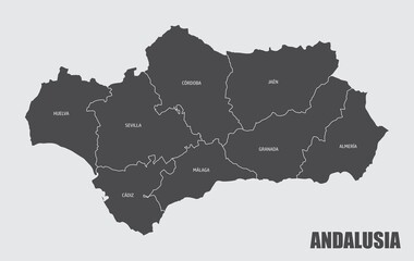 The Andalusia region map divided in provinces with labels, Spain - obrazy, fototapety, plakaty