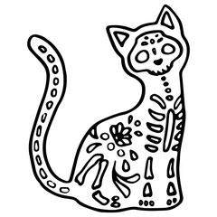 Outline tribal cat on white isolated backdrop. Day of the dead symbol for invitation or gift card, notebook, bath tile, scrapbook Phone case or cloth print Doodle style stock vector illustration