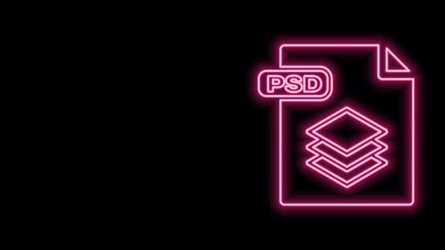 Glowing neon line PSD file document. Download psd button icon isolated on black background. PSD file symbol. 4K Video motion graphic animation