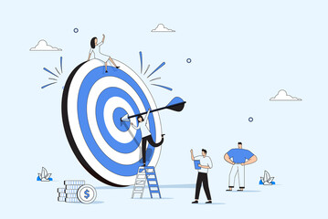 Business Vision, big target with people, teamwork, people run to their goal, move up motivation, target achievement.