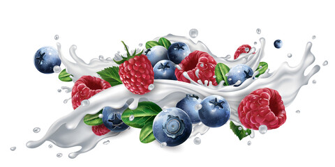 Blueberries and raspberries in a milk or yogurt splash.
