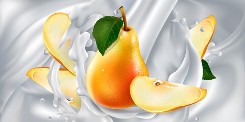 Fototapeta na wymiar Pears in a stream of milk or yogurt.