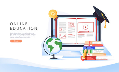 Distance education landing page template. E-learning banner. Online education or library, home schooling. Workplace