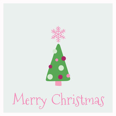 Cute Merry Christmas greeting card with pink lettering and a green colorful simple tree illustration. Vector design element. Great for stickers, labels, tags, and icons.