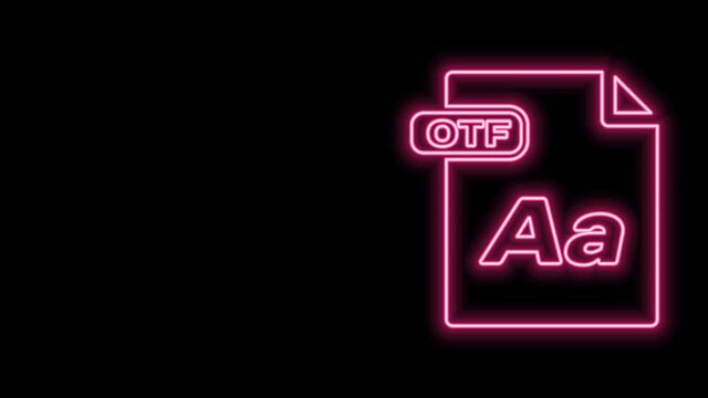 Glowing neon line OTF file document. Download otf button icon isolated on black background. OTF file symbol. 4K Video motion graphic animation