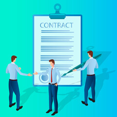 Businessmen sign a contract.In the hands of a businessman, a fountain pen and a document.Business activity the concept of successful negotiations and agreements.Flat vector illustration.