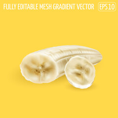 Peeled banana slices on a yellow background.