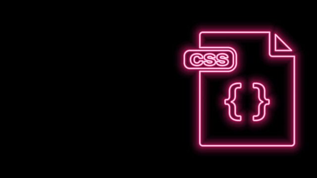 Glowing neon line CSS file document. Download css button icon isolated on black background. CSS file symbol. 4K Video motion graphic animation