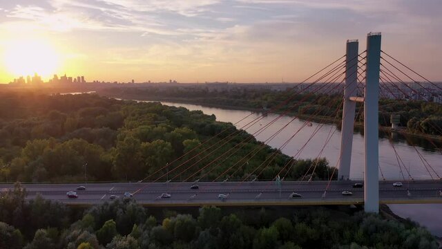 Drone footage of Siekierkowski Bridge in Warsaw, capital city of Poland