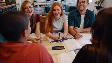 Group of students studying together in college library and smiling. Classmates smiling during group study in university campus.
 - Powered by Adobe