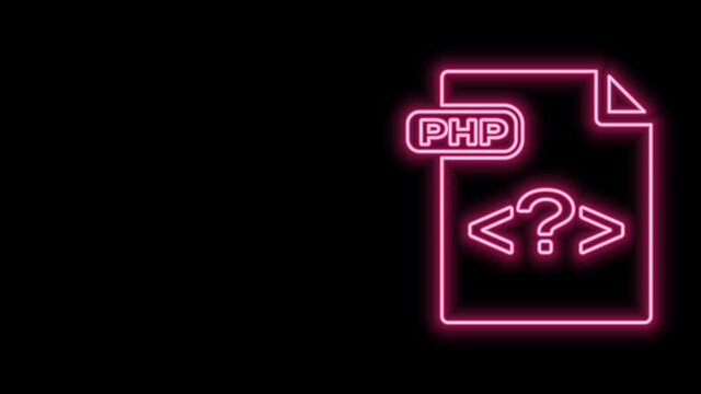 Glowing neon line PHP file document. Download php button icon isolated on black background. PHP file symbol. 4K Video motion graphic animation