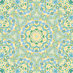 Vibrant seamless pattern of simple geometry shapes composition. Ethnic spanish design. Canvas print. Small elements texture. Vector collage ornament.