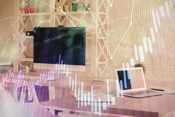 Double exposure of financial graph drawing and office interior background. Concept of stock market.