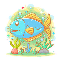 The illustration of the cute blue fish with the fresh view