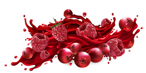 Splash of fruit juice with cranberries and raspberries.