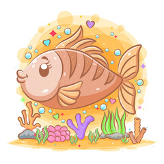 The illustration of the brown big salmon under the sea