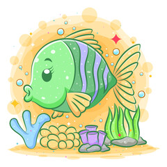 Illustration of the green golden fish under the nice sea