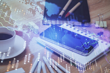 Double exposure of forex chart drawing and cell phone background. Concept of financial trading