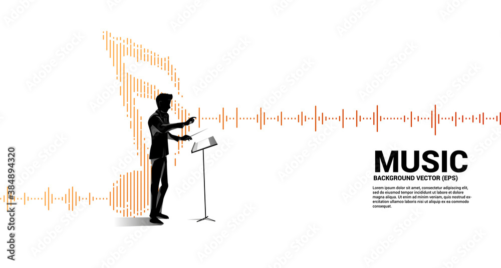 Poster music conductor with equalizer wave as music note. concept background for orchestra concert and recr