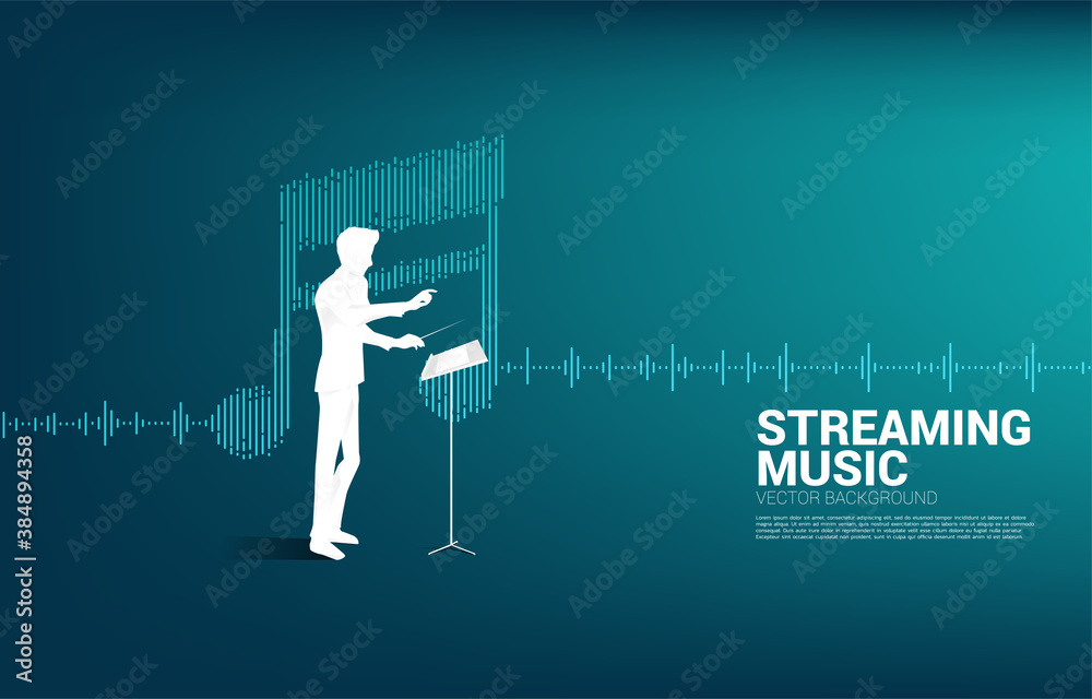 Poster music conductor with equalizer wave as music note. concept background for orchestra concert and recr