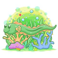 Long green electric eel swim in the beautiful sea