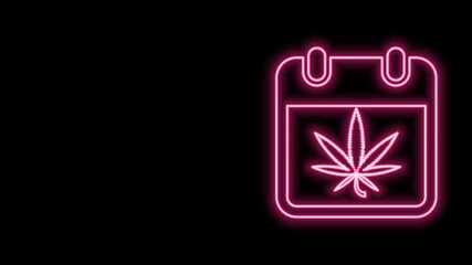 Glowing neon line Calendar and marijuana or cannabis leaf icon isolated on black background. National weed day. Hemp symbol. 4K Video motion graphic animation
