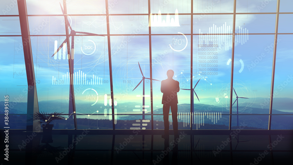 Wall mural silhouette of a businessman in front of an array of data and a wind farm.