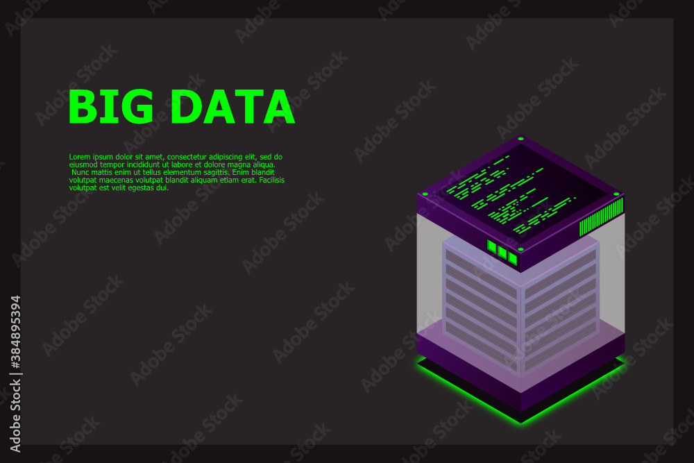 Poster isometric digital technology web banner. big data machine learning algorithms. analysis and informat