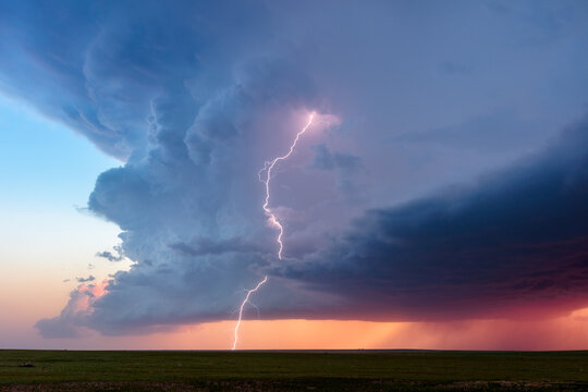 Lightning bolt in a supercell thunderstorm cloud