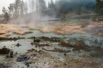 Hot Springs and gushing Geysers at Yellowstone National Park wilderness area atop a volcanic hot...
