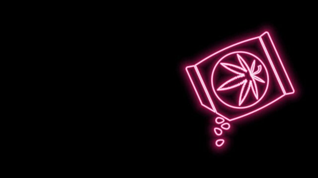 Glowing neon line Marijuana or cannabis seeds in a bag icon isolated on black background. Hemp symbol. The process of planting marijuana. 4K Video motion graphic animation
