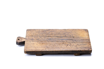 old rustic cutting board isolated on a white background. backdrop element for food design