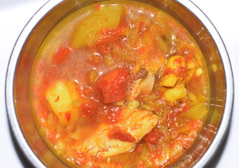 Asian Food Plate. Meat, Vegetables, Curry Serving