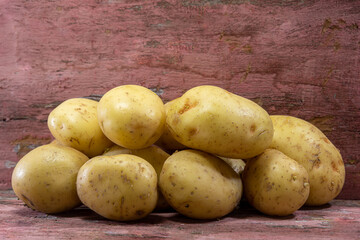 English white potatoes (Solanum tuberosum) on pink colored wood background