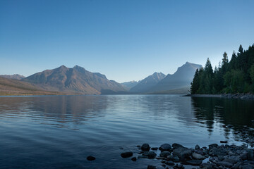 Holland Lake and Falls trail in Flathead National Forest, Montana. USA. Back to Nature concept.