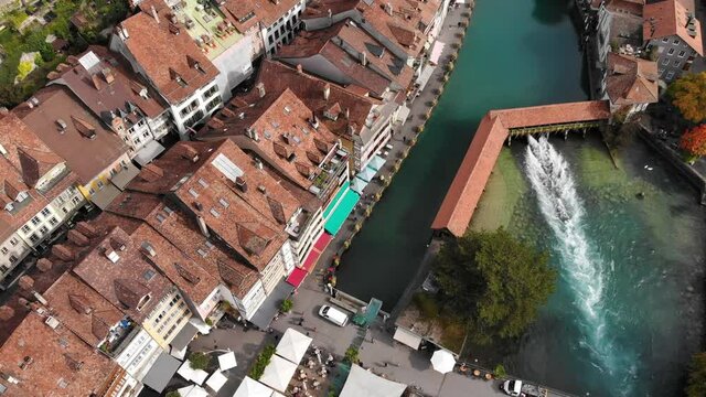 Aerial view over the city of Thun in Switzerland - amazing drone footage