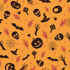 Happy halloween pattern with festive orange endless background with bats, pumpkins, zombie hand, spider webs, skulls, monuments spiders, autumn leaves. Vector illustration