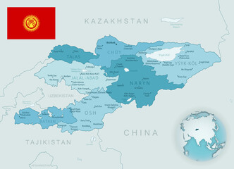 Blue-green detailed map of Kyrgyzstan administrative divisions with country flag and location on the globe.