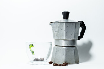 Old Turk for coffee witb cup on white background isolated. Old cezve 