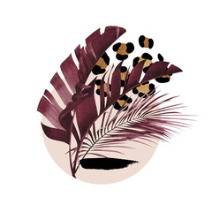 Abstract composition of tropical exotic plant leaf, golden geometric figures and animal pattern.