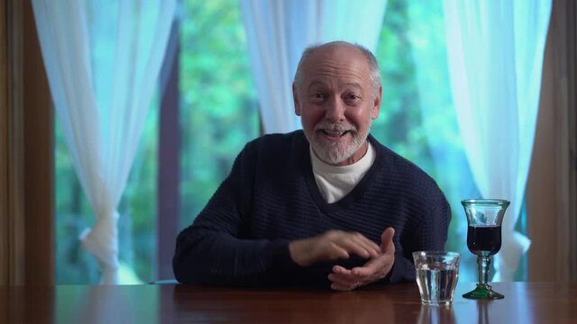 Smiling mature adult man vlogger look at camera talk make live video conference call online chat using computer app recording blog vlog sit on sofa at home, close up webcam view, videochat concept.