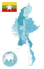 Myanmar administrative blue-green map with country flag and location on a globe. Vector illustration
