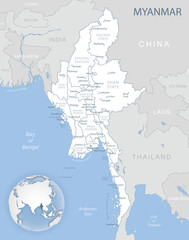 Blue-gray detailed map of Myanmar administrative divisions and location on the globe. Vector illustration
