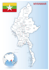 Detailed Myanmar administrative map with country flag and location on a blue globe. Vector illustration