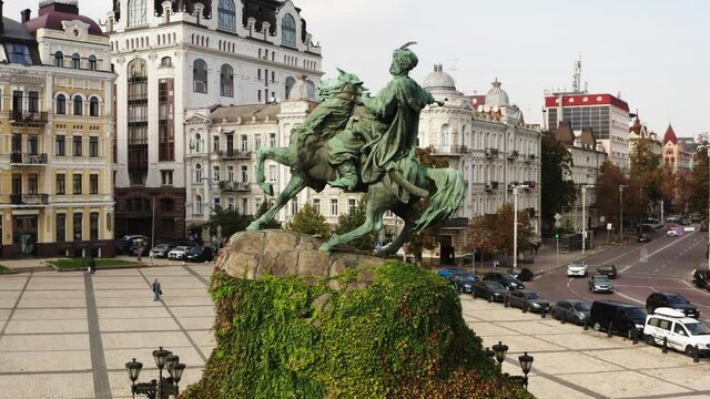 Aerial view. Monument to Bogdan Khmelnitsky on Sophia Square in Kiev. The capital of Ukraine is the city of Kiev. View of St. Sophia Cathedral