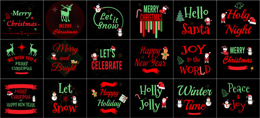 18 Set of Merry Christmas & Happy New Year typographic design for elements, labels, symbols, icons, objects, covers, posters, banners, flyers. . Vector illustration EPS 10.